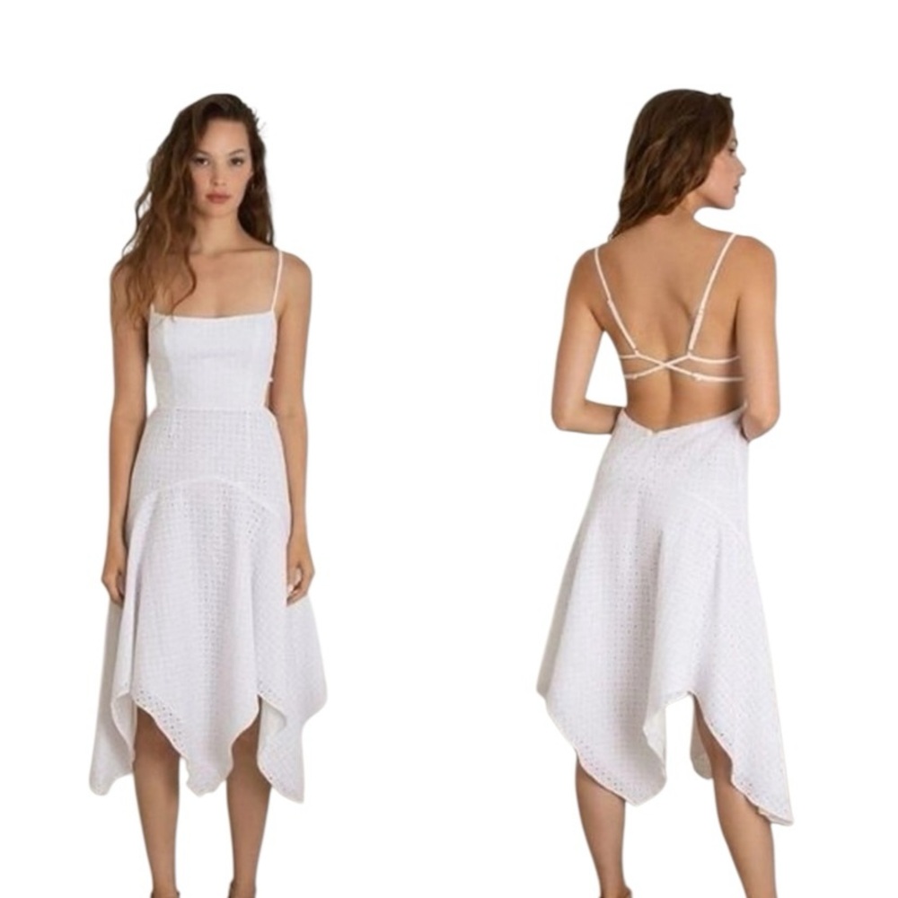 NWT Fame and Partners White 12 Open Lace Back Scarf Hem Eyelet Sabine Midi Dress